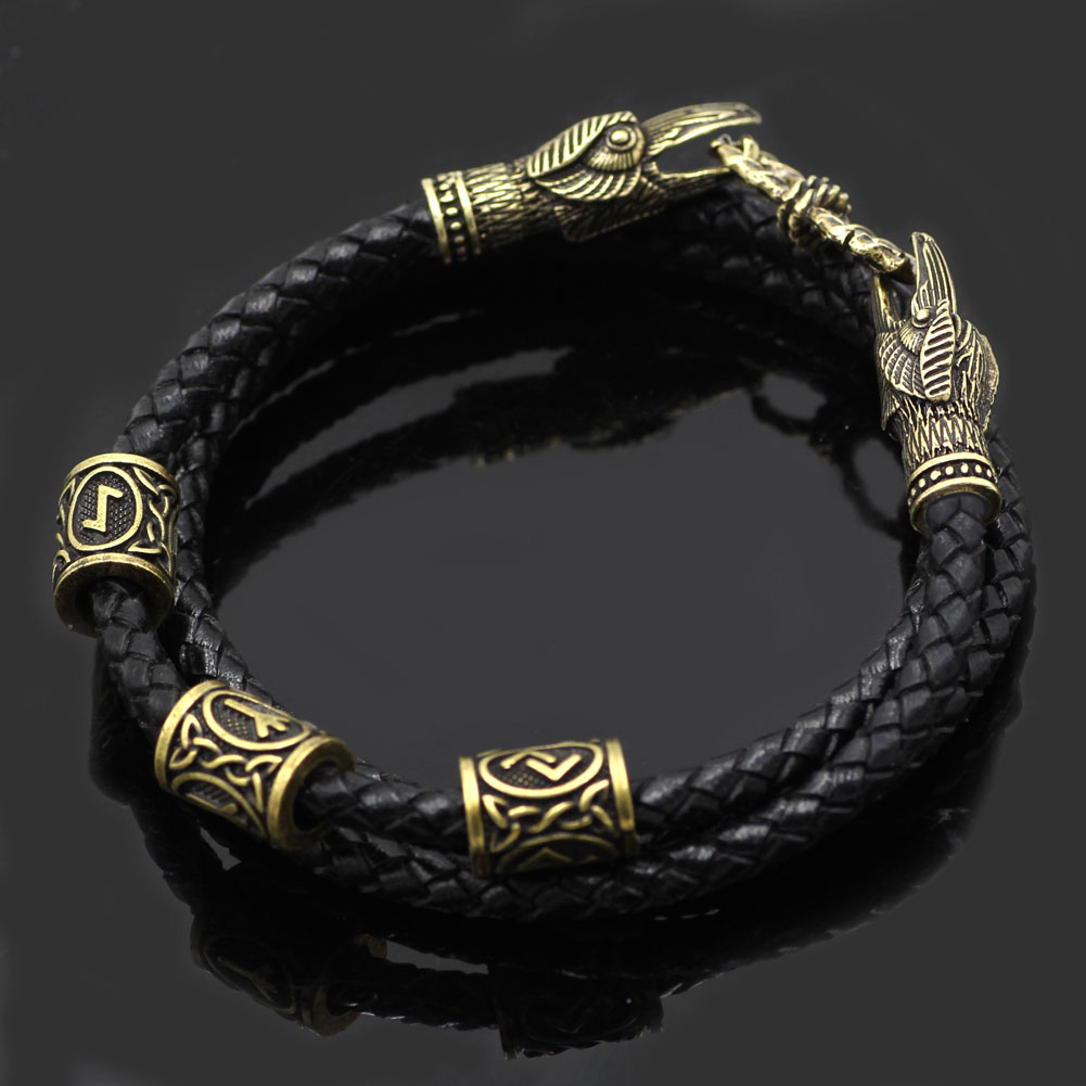 Viking Real Leather Amulet Odin Raven Bracelet with Viking Knot Amulet Bag In 3 Size Suite for Man and Women