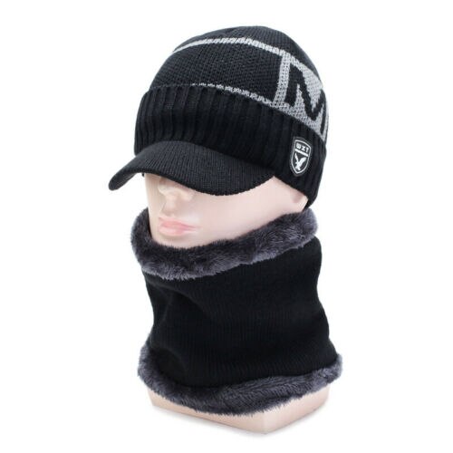 Brand Men Warm Winter Hat Knit Visor Beanie Fleece Lined Billed Beanie with Brim Cap: Black