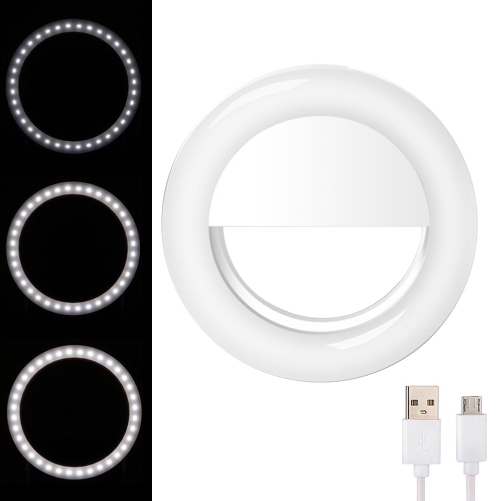 Selfie anneau lampe à Led lumière USB charge 360 degrés d'ouverture pour téléphone portable lentille Flash Rechargeable beauté remplissage-lumière: WHITE