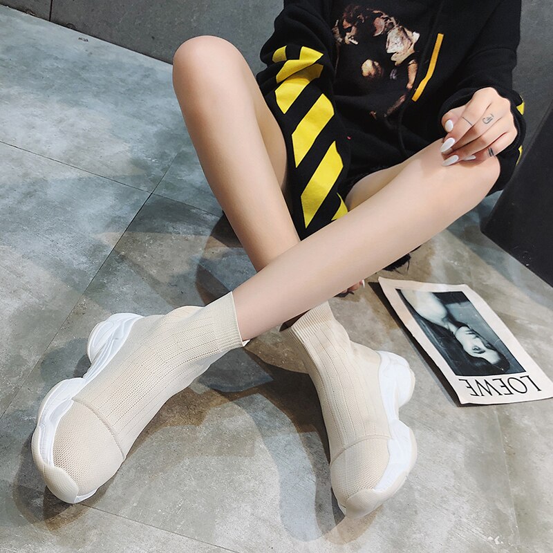 Dames platform schoenen hoge sokken sneakers instappers dames casual dikke zool schoenen effen kleur damesschoenen