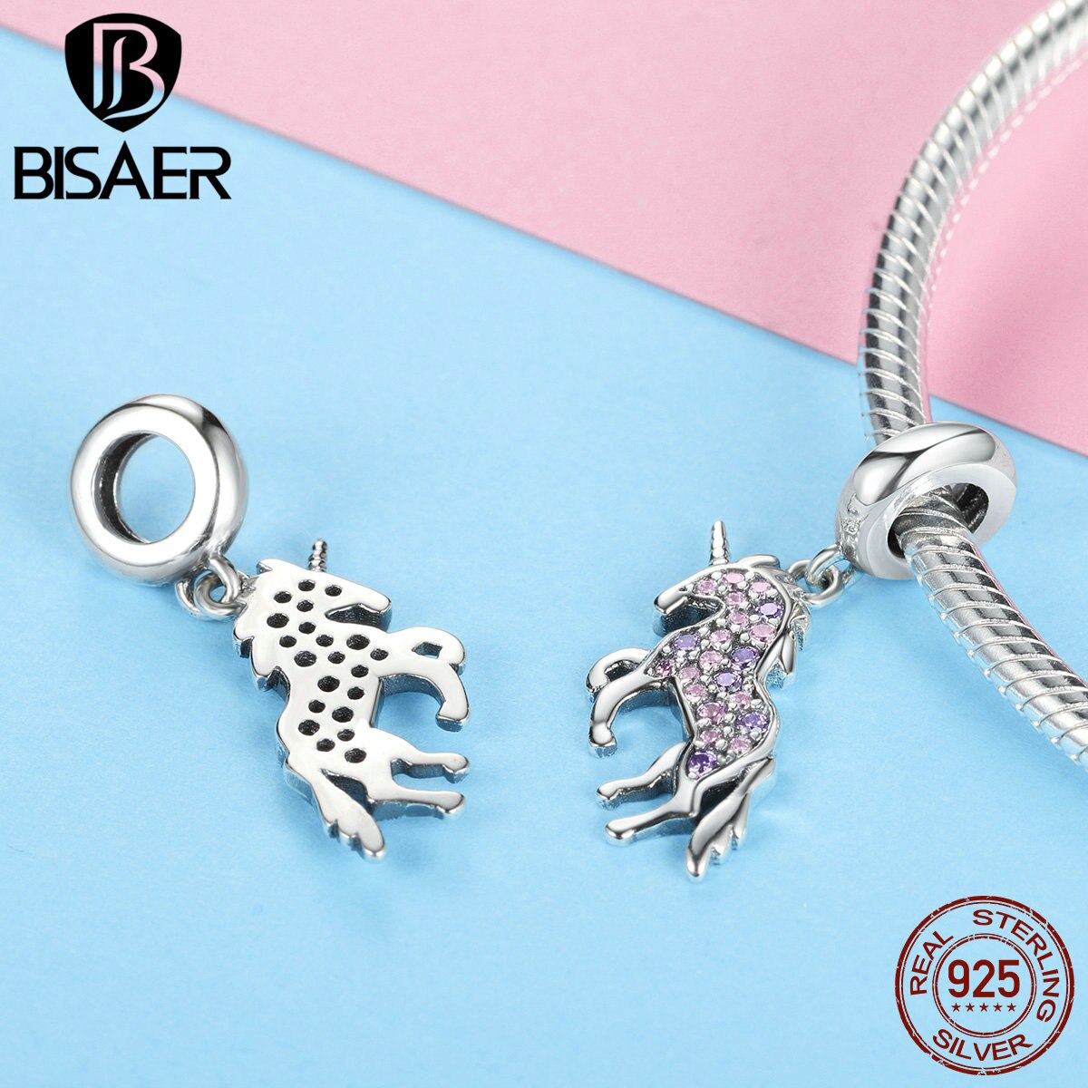 Unicorn BISAER 925 Sterling Silver Licorne Animal Beads Lucky Pendant fit Women Charm Bracelets Silver Beads for Jewelry Making