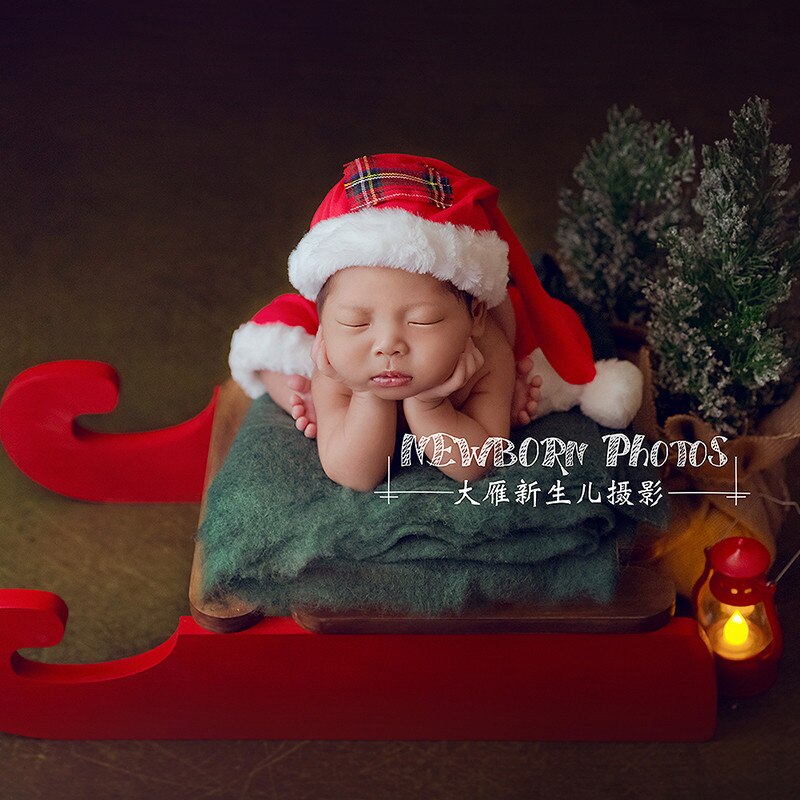 Jul baby rekvisita trä röd släde nyfödd jul outfit byxor hatt kudde uppsättning rekvisita för fotografi tillbehör pojke flicka: Grön filt