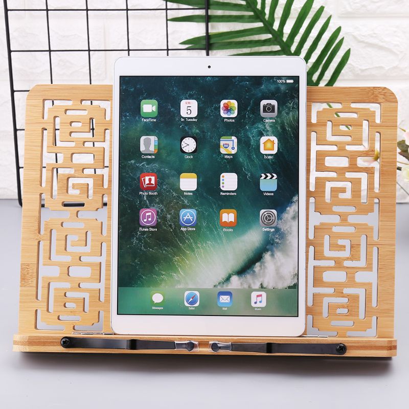 Bambu oco ajustável leitura livro titular bandeja página clipes de papel dobrável tablet livro de receitas portátil resistente estante
