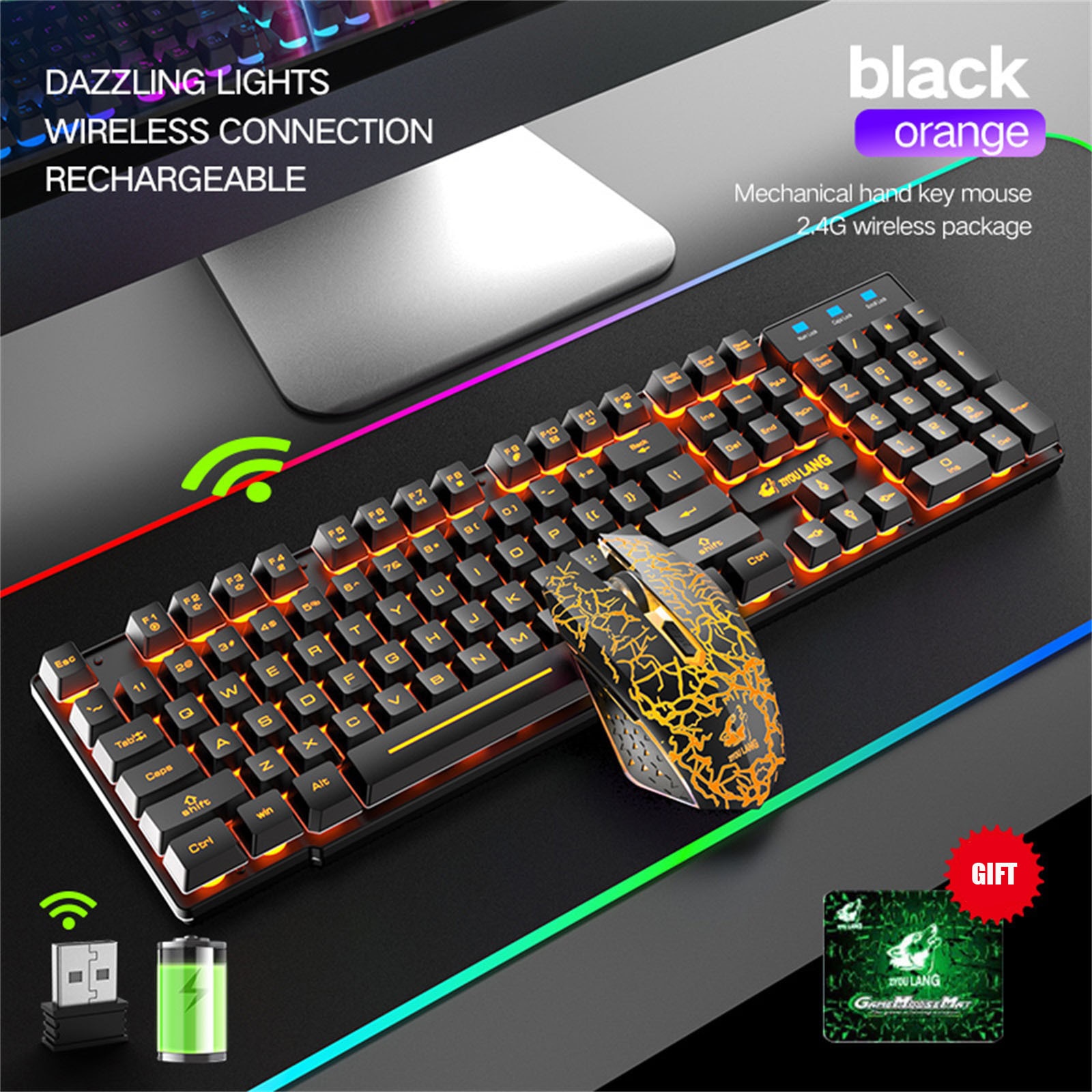 Wireless Gaming Keyboard and Mouse Combo with Rainbow LED Backlit Rechargeable Wireless Charging Keyboard