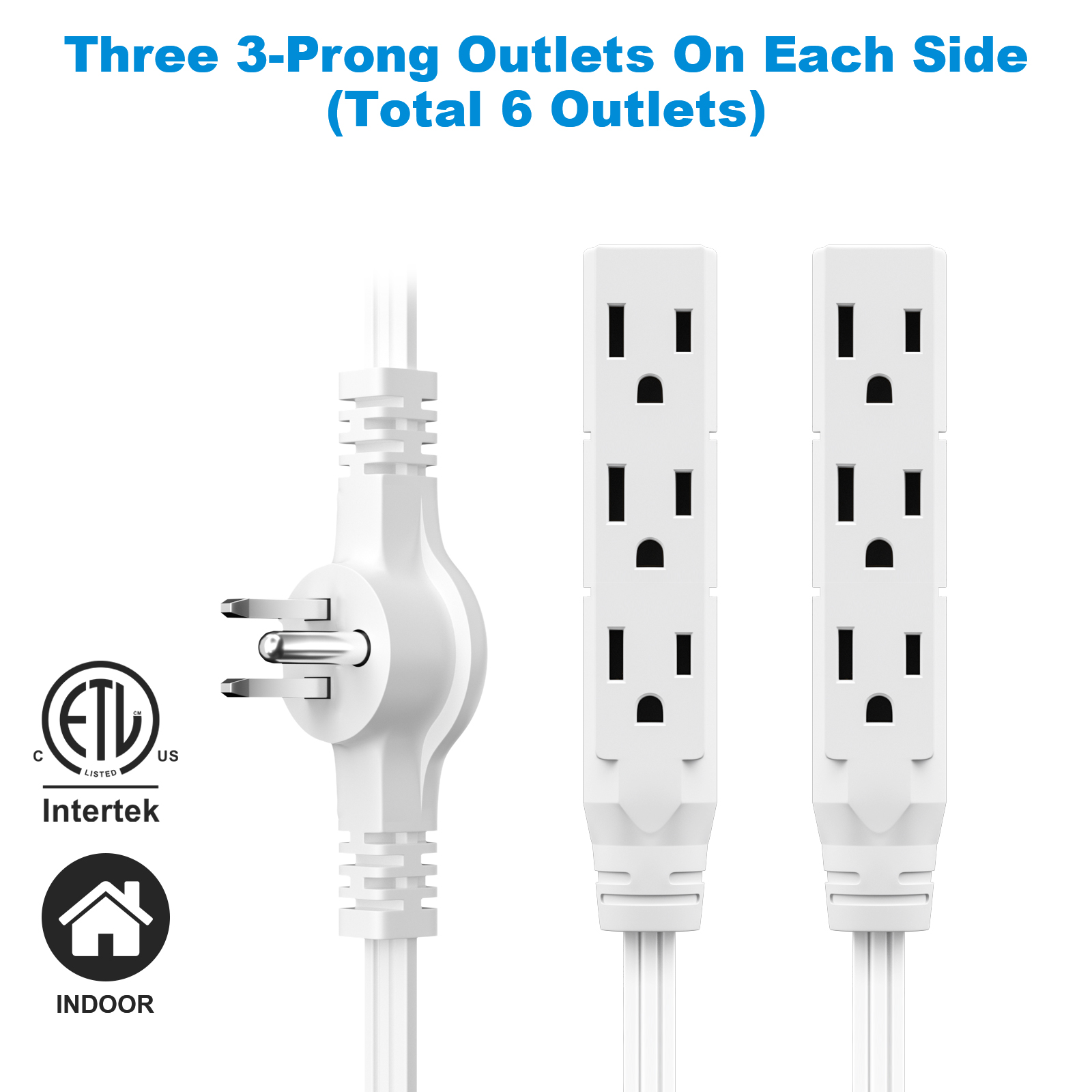 12 FT Twin Extension Cord Power Strip with 6 AC Outlet 3 Prong Plug Extender Double Electric Extension Cable Wire Splitter 16AWG