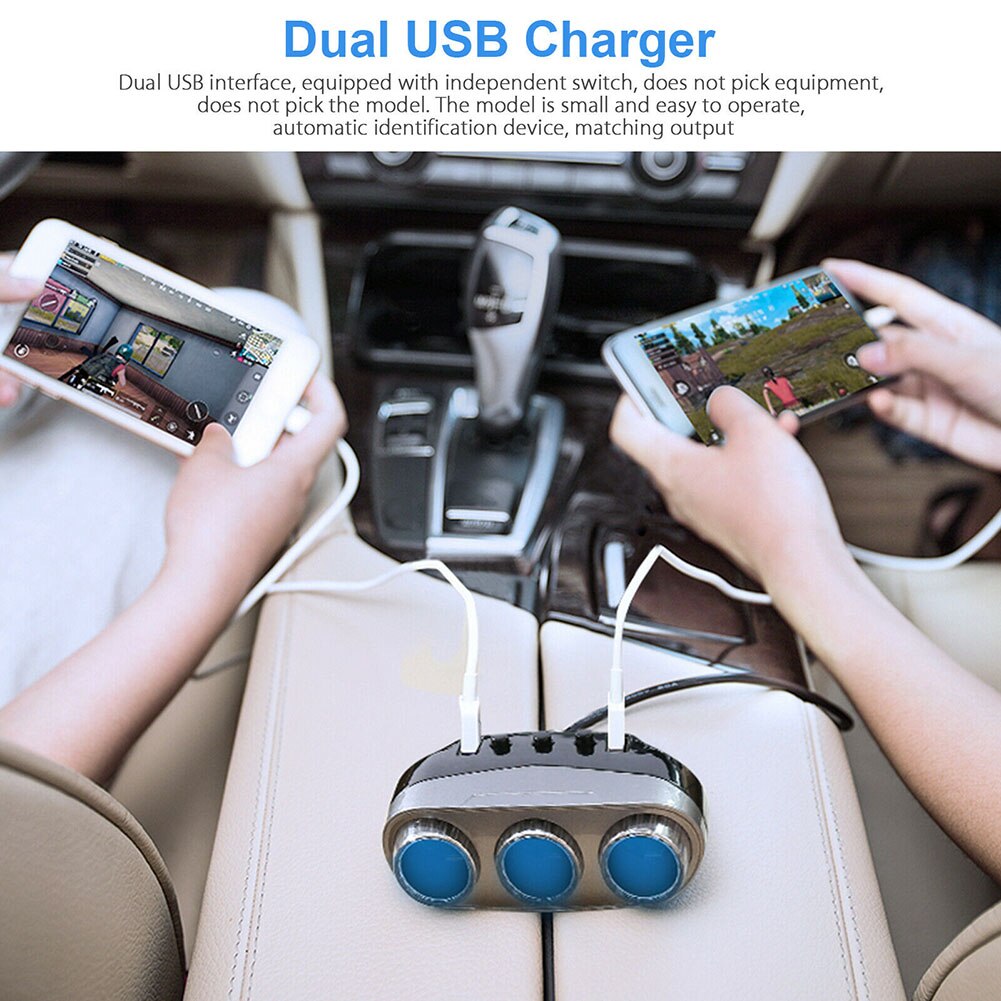 Universele 3 -weg auto sigarettenaansteker aansluiting verdeler dubbele usb autolader stroomadapter met schakelaar autobenodigdheden