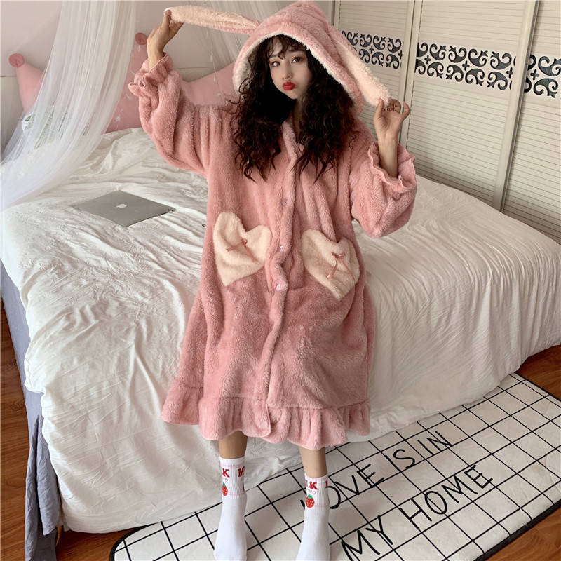 Women Robes Rabbit Ear Sweet Lovely Heart Bow Coral Fleece Home Soft Wear Females Leisure Chic Trendy Warm Bathrobe Lounge: pink / M