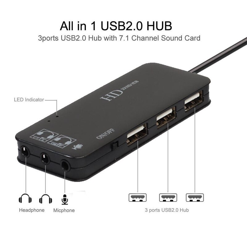3 Port Usb 2.0 Hub External 7.1Ch Sound Card Headset Microphone Adapter For Pc Black