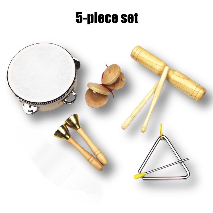 Juego de instrumentos musicales hechos de madera para niños pequeños, bolsa de transporte, juego de juguetes de percusión Musical para niños, banda de xilófono, pandereta, 10 unids/set por Set: 5 piece set