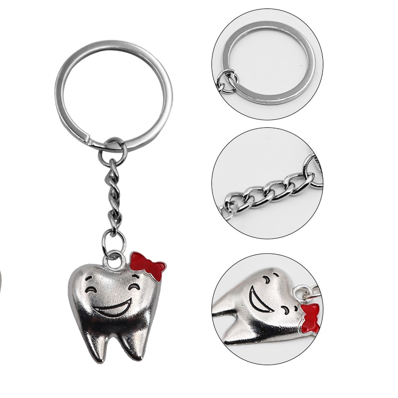 Llaveros con forma de modelo de dientes de dibujos animados, llaveros de acero inoxidable, de clínica Dental, decoración de dentista, 2 uds.