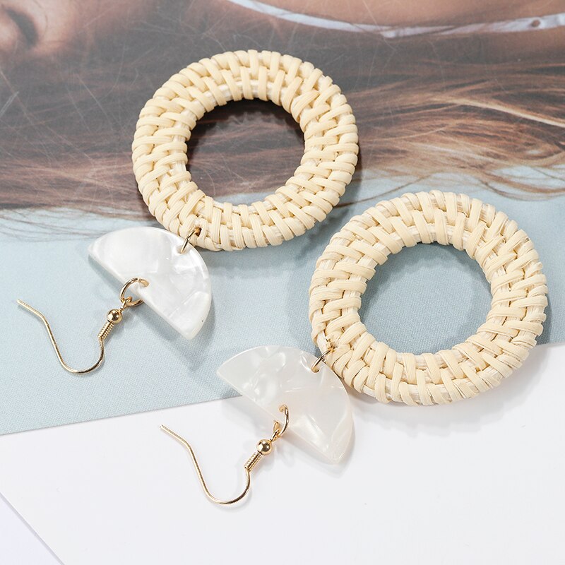 AENSOA-pendientes colgantes de punto de ratán para mujer, aretes redondos de bambú, de joyería Vintage de verano