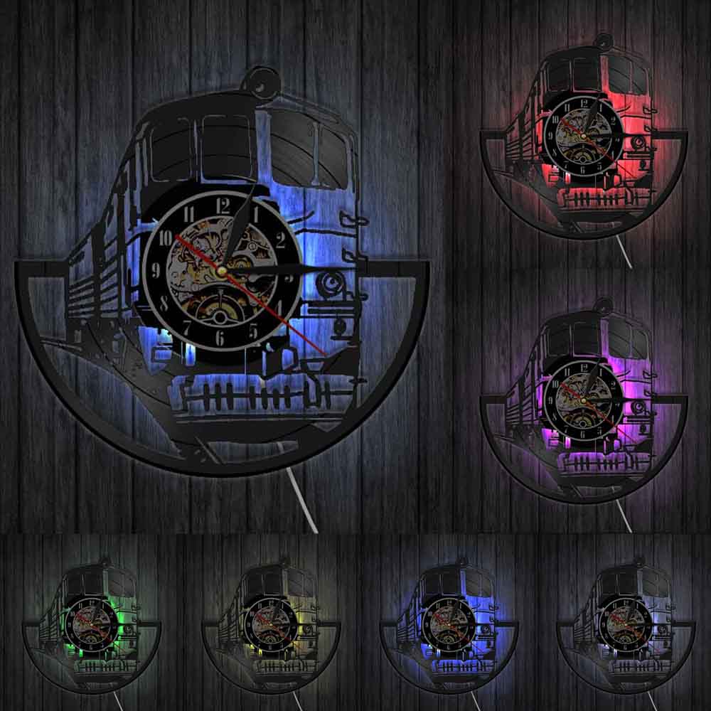 Tren cortado Longplay reloj tren transporte ferrocarril vinilo registro pared lámpara Vintage 3D Reloj de pared de cuarzo Satt