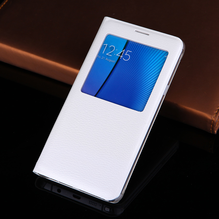 Flip Cover Leather Case Slim Window View Shockproof Bag Cell Phone Carrying Cases Mask For Samsung Note 5 Note5 N920 N920F N920H: White