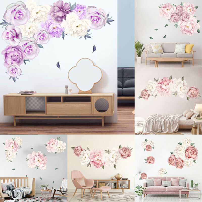 Autocollant mural pour pépinière en Rose de pivoine, autocollant décoratif pour chambre d'enfant, décoration pour la maison, amovible et étanche