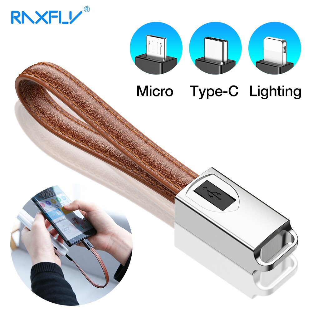 Raxfly Lederen Sleutelhanger Ring Usb Kabel Voor Saumsung Iphone 11 Pro Max Xr 20Cm Micro Usb Kabel Usb 1.8A opladen Data Draad