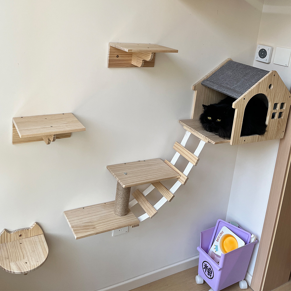 Katteveggsmontert Hylle - Tre - Møbel for Sovende Katter - Klatretrinn for Trening av Kattunge Tårn