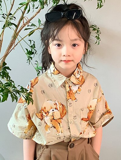Maglietta a maniche corte allentata in cotone Unisex con stampa a forma di cane per ragazzi e ragazze di moda estiva 2022: Khaki / 3T