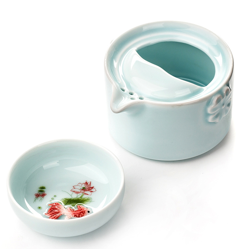 Celadon 3D Carp Travel tea set,Blue gaiwan tea set,Kung Fu Tea set Include 1 TeaPot 1 Cup,Beautiful and easy teapot