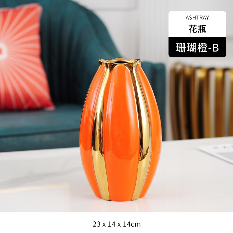 Star Fruit Ceramics Vase Orange Porcelain Vases Desk Decor Golden Stripes Floral Artificial Flowers Home Decoration Modern: B