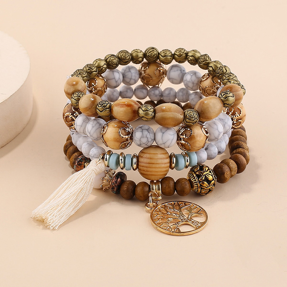 4 pçs/set boho conjunto de pulseira de madeira frisado para mulheres árvore da vida borlas brancas charme elástico corrente pulseira senhora bohemia jóias