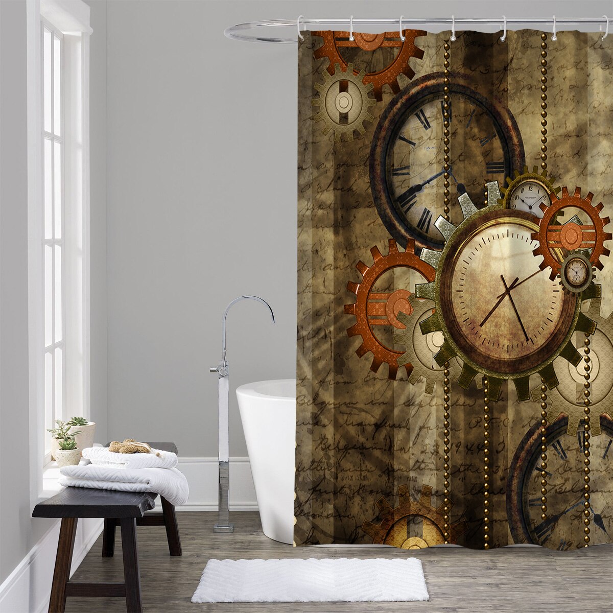 Rétro Steampunk horloges et engrenages rideau de douche imperméable et résistant à la moisissure Polyester tissu rideau de bain