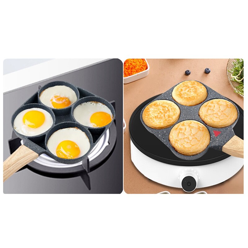 4-Cup Non-stick Ei Pan,7.5 Inch Aluminium Ei Koekenpan, houtnerf Handvat Pannenkoek Pan, Voor Frituren Eieren, Hamburgers