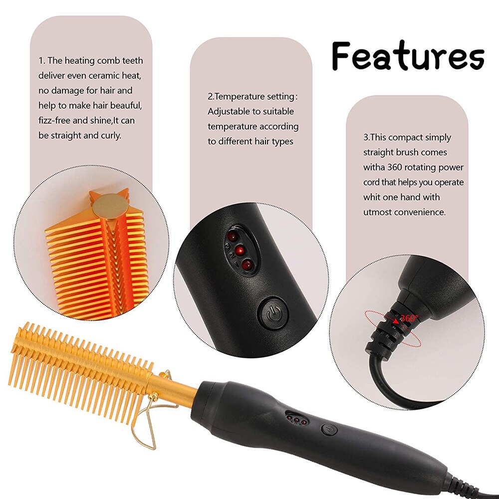 Peigne chauffant électrique 2 en 1 pour cheveux Afro, fer à friser, brosse de lissage pour cheveux secs et humides