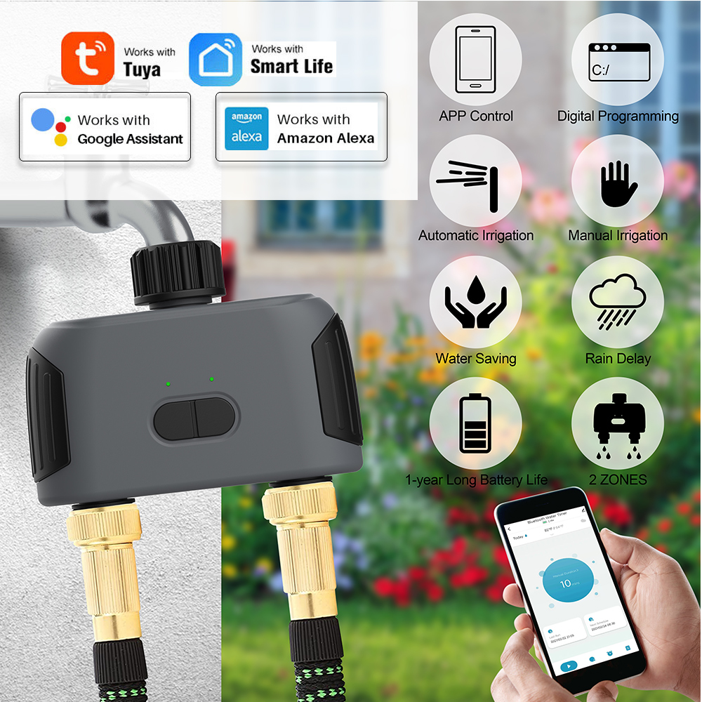 Drahtlose 2-Weg Garten Bewässerung System Einstellbar Tropf Bewässerung Kit Wifi Bluetooth-kompatibel Timer Controller 1/4'' Schlauch T