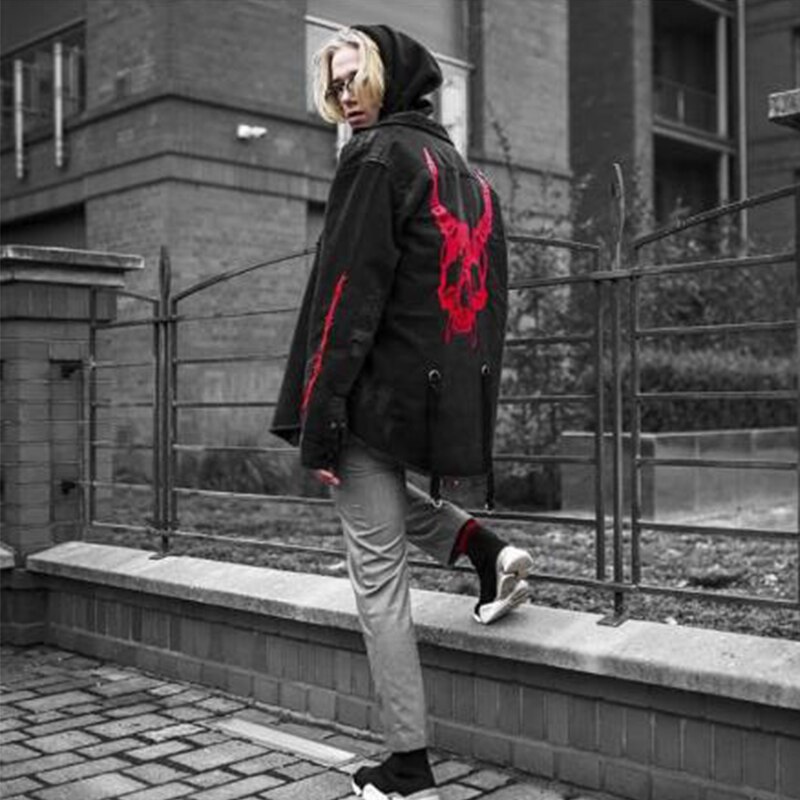Chaqueta vaquera vintage para hombre, abrigos de Hip Hop, ropa de calle de mezclilla con agujeros, Top de primavera y otoño, patrón de impresión Rock