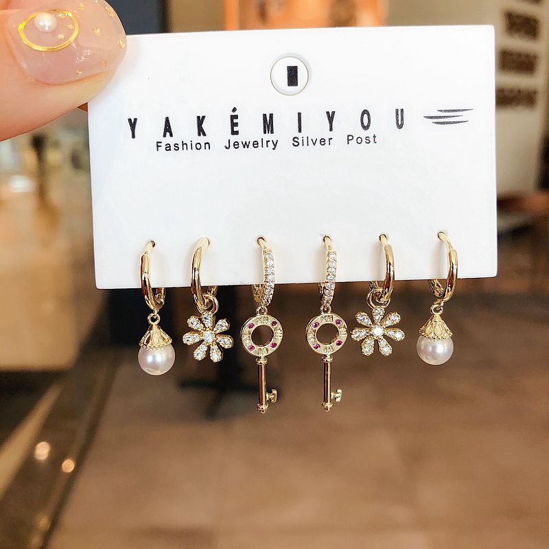 Pearl And Key And Flower Sets Hoop Earrings Sets For Women Gold Color 6-piece Earring Jewellery Accessories: Default Title