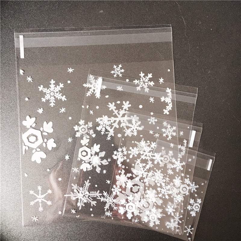 100pcs/lot 4 sizes Snowflake Transparent Plastic Self Adhesive Cookie Packaging Bag Wedding Candy Decoration Bag