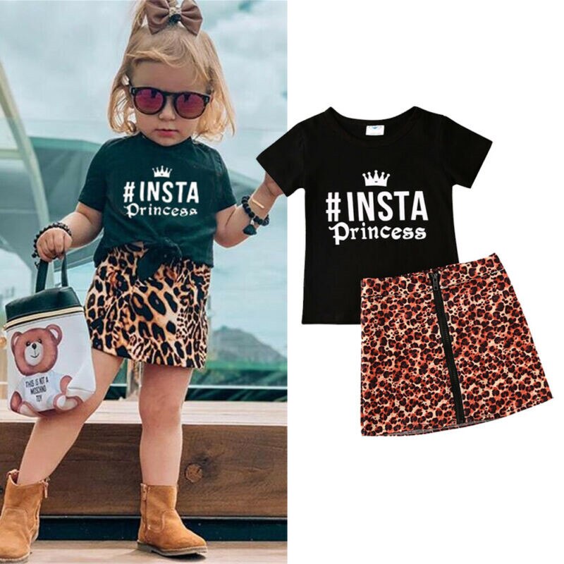 1-6Y Peuter Kids Baby Meisje Brief Korte Mouw Tops T-shirt Luipaard Rits Mini Rokken Zomer Outfits Meisje Kleding 2 Stuks set