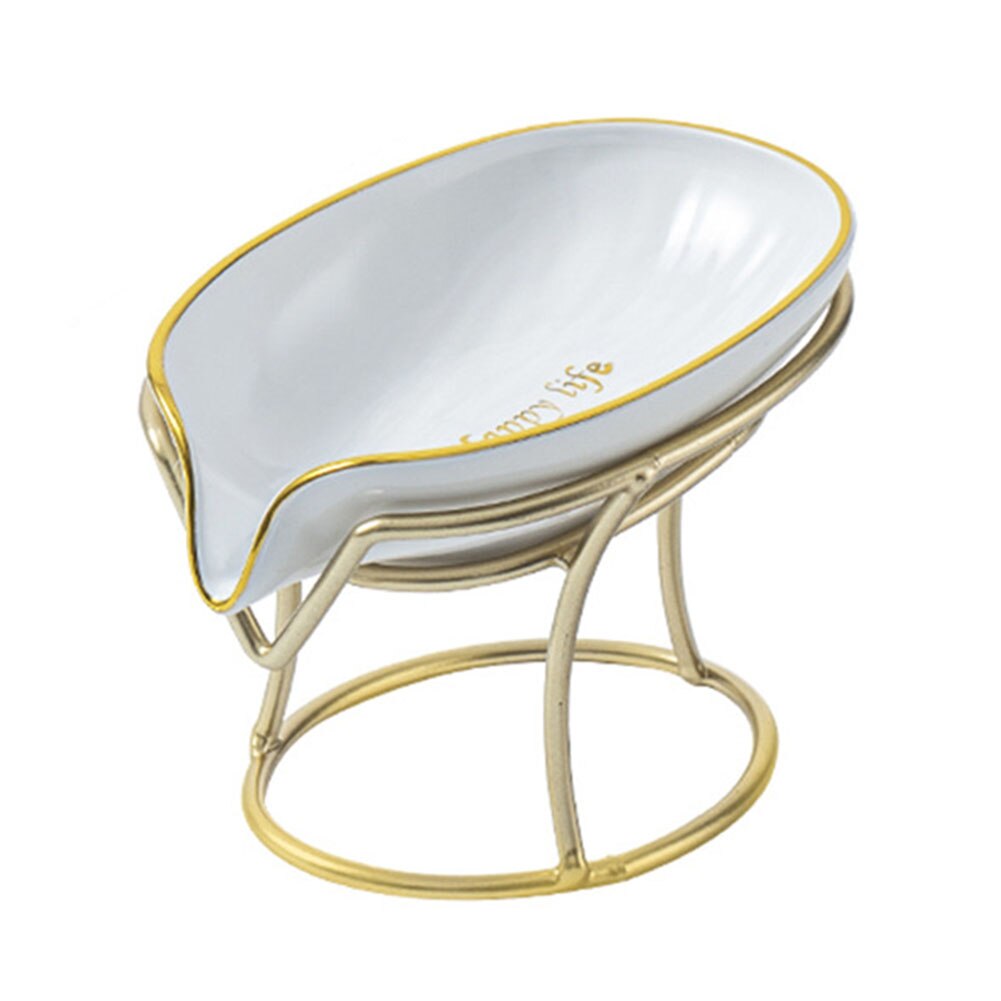 Luxury Ceramics Leaf Shape Soap Box Drain Iron Rack Soap Holder Shower Sponge Storage Plate Tray Non-slip Kitchen Supplies: White