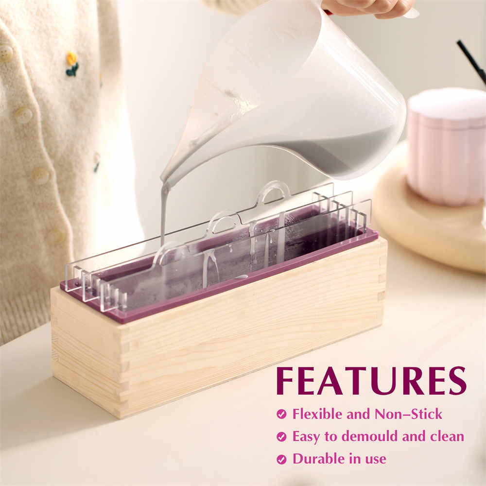 Rendering Silicone Soap Mold with Wooden Box Loaf Silicone Liner and Transparent Vertical Acrylic Soap Making Supplies