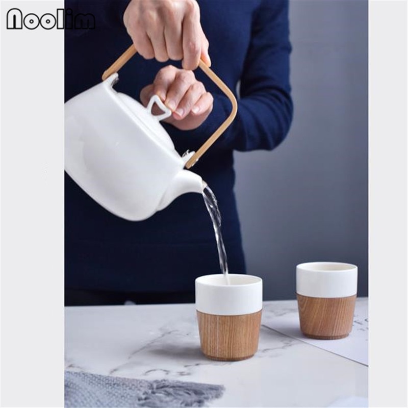 Japanese Style Handmade White Porcelain Tea Pot With Wooden Handle Concise Teaware Set