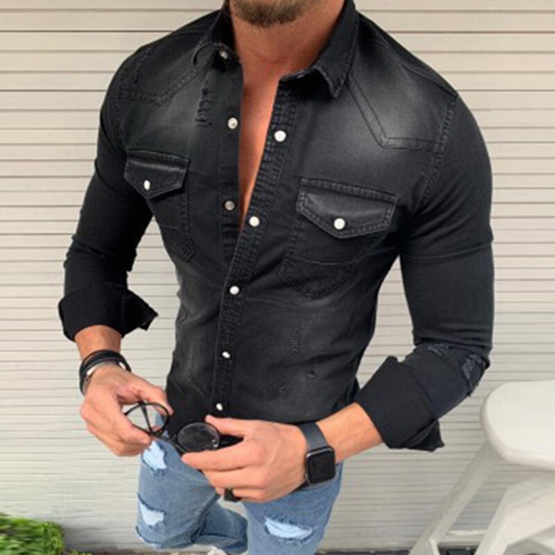 Menn vask denim jeans skjorte høst lange ermer skjorte casual slim denim topper eu str.