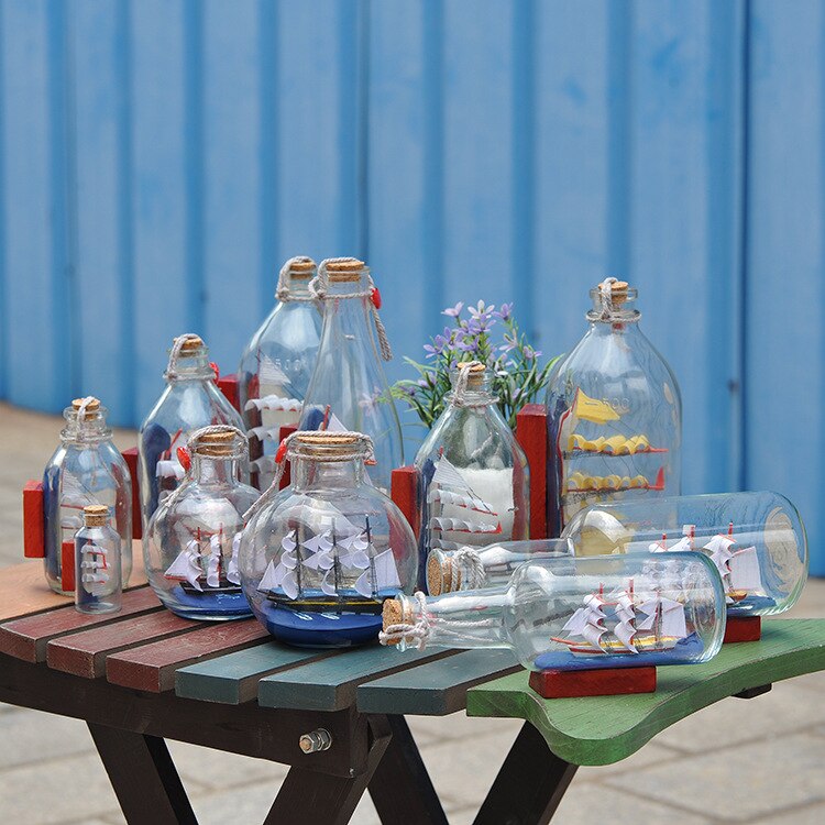 Mini bateau de Pirate à voile de 6 styles, petit bateau en bois liège verre dérive bouteille de souhait, flacon de charme, de saint valentin, décoration de la maison