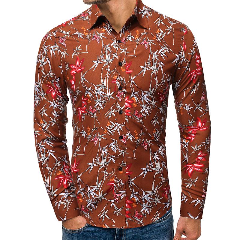 Lange mouwen heren hawaiiaans casual bloemen overhemd voor mannen blouse plus size vrijetijdskleding zwart bruin