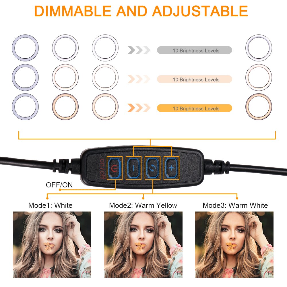 Dimmbare und verstellbare led-ringleuchte, usb-betrieben, für die meisten mobiltelefone, mit stativ und ausziehbarem stativ.