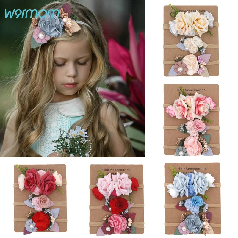 Warmom 3pz Del bambino Delle Ragazze di Fiori Artificiali di nylon Della fascia Copricapi impostato Della Principessa Dei Capretti di Stile Della Boemia Accessori per Capelli Regalo Del bambino