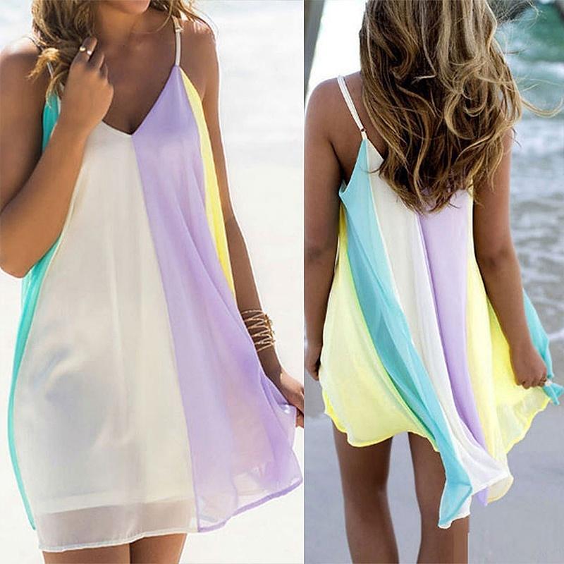 Vestido playero de gasa sin mangas para mujer, vestido playero con tirantes y cuello de pico, con costuras de bloque de Color, para verano
