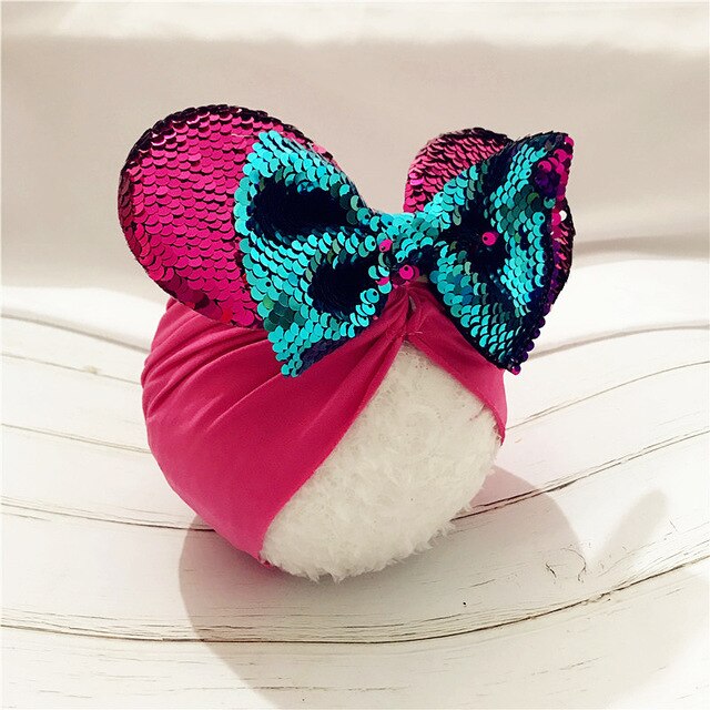 Forår sommer baby hue turban hat piger minnie mouse ører headwrap med pailletter hår sløjfer fotografering rekvisitter kasket  h262d: B hot pink