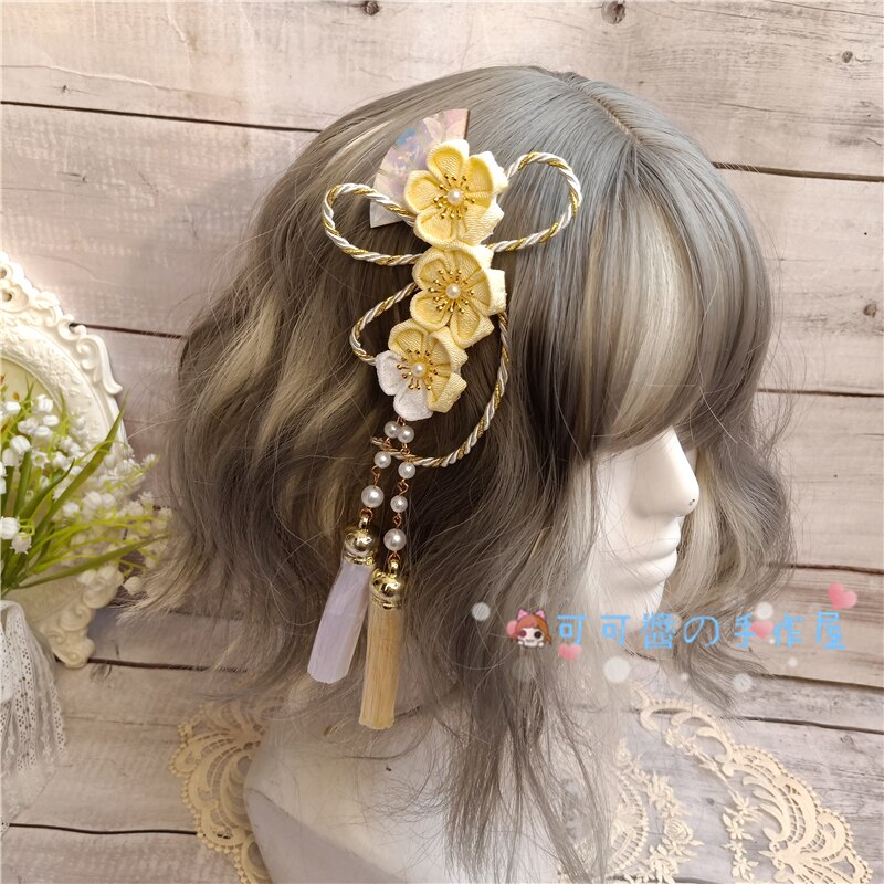 Pasadores Harajuku de estilo japonés para niña, Kimono, abanico de flor de cerezo, accesorios para el cabello, horquillas con Clip LATERAL con borlas suaves de Lolita: Gris