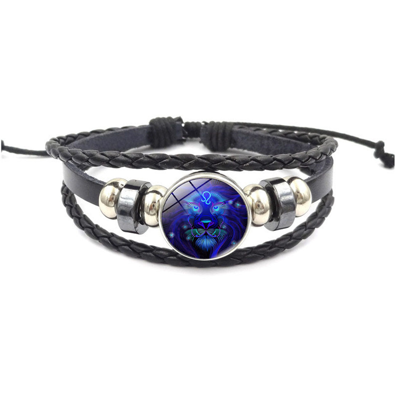 Horóscopo astrología 12 Zodiaco tejido luminoso cuero de vaca cielo estrellado pulsera hombres mujeres Acero inoxidable pulsera joyería: Leo