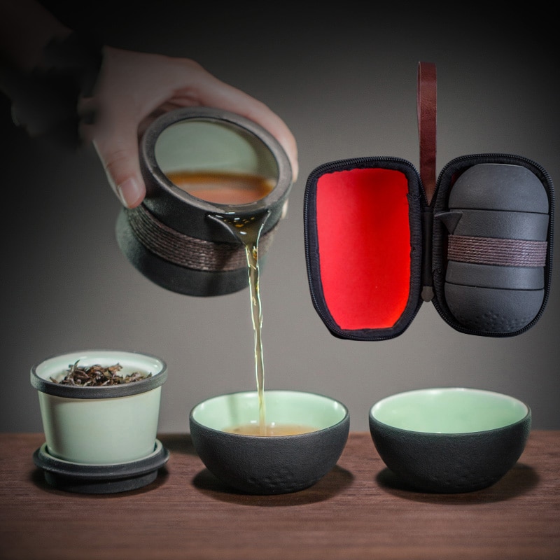 Portable Teapot Tea Cup Set Travel Tea Set Home Office Ceramics One Pot Two Cups Simple Tea Set