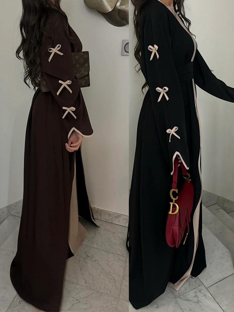 Turkije Dubai Arabische Moslim Vrouwen Jurk Boog Abaya Caftan Lace-up Bloemen Jurken Islamitische Pakistan Marokkaanse Kaftan Elgeant Gewaad