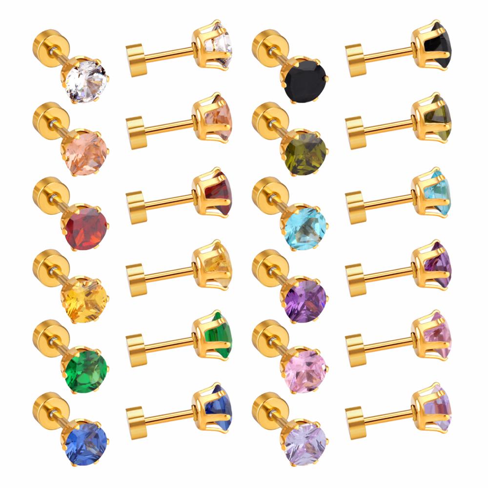 LUXUSTEE 12pairs lots Colorful CZ Earrings Price Stainless Steel Anti-allergy 3mm 6mm Screw Stud Earrings Wedding: 6mm gold