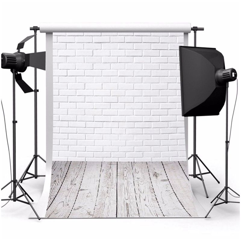 5x7FT Witte Bakstenen Muur Houten Vloer Vinyl Achtergrond Studio Fotografie Achtergrond