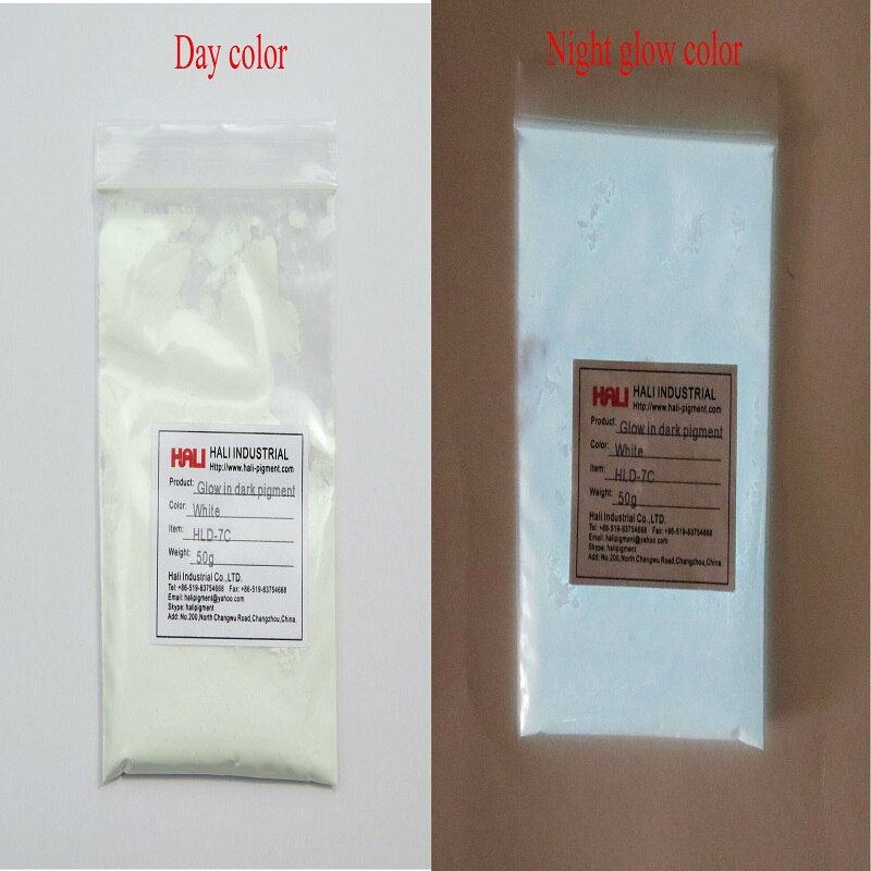Glow in dark poeder, fotoluminescerend poeder, luminescerend poeder , 1 partijen = 10 kleuren ,10 gram per kleur.: Wit 50g