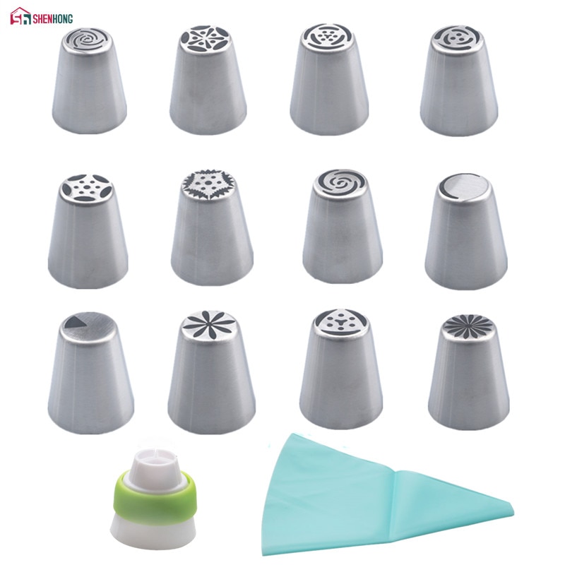 14PCS/Set Russian Icing Piping Tips 1 Pcs Silicone Bag 1 Coupler Leaf Nozzles Brush Cupcake Cake Decorating DIY Dessert
